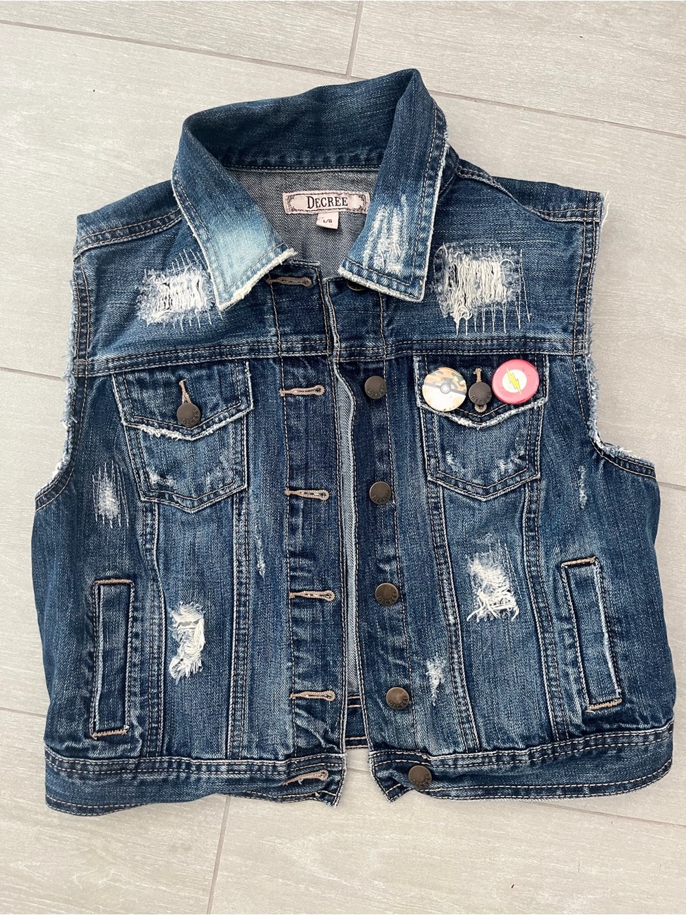 Decree Distressed Dark Blue Denim Vest with Pins